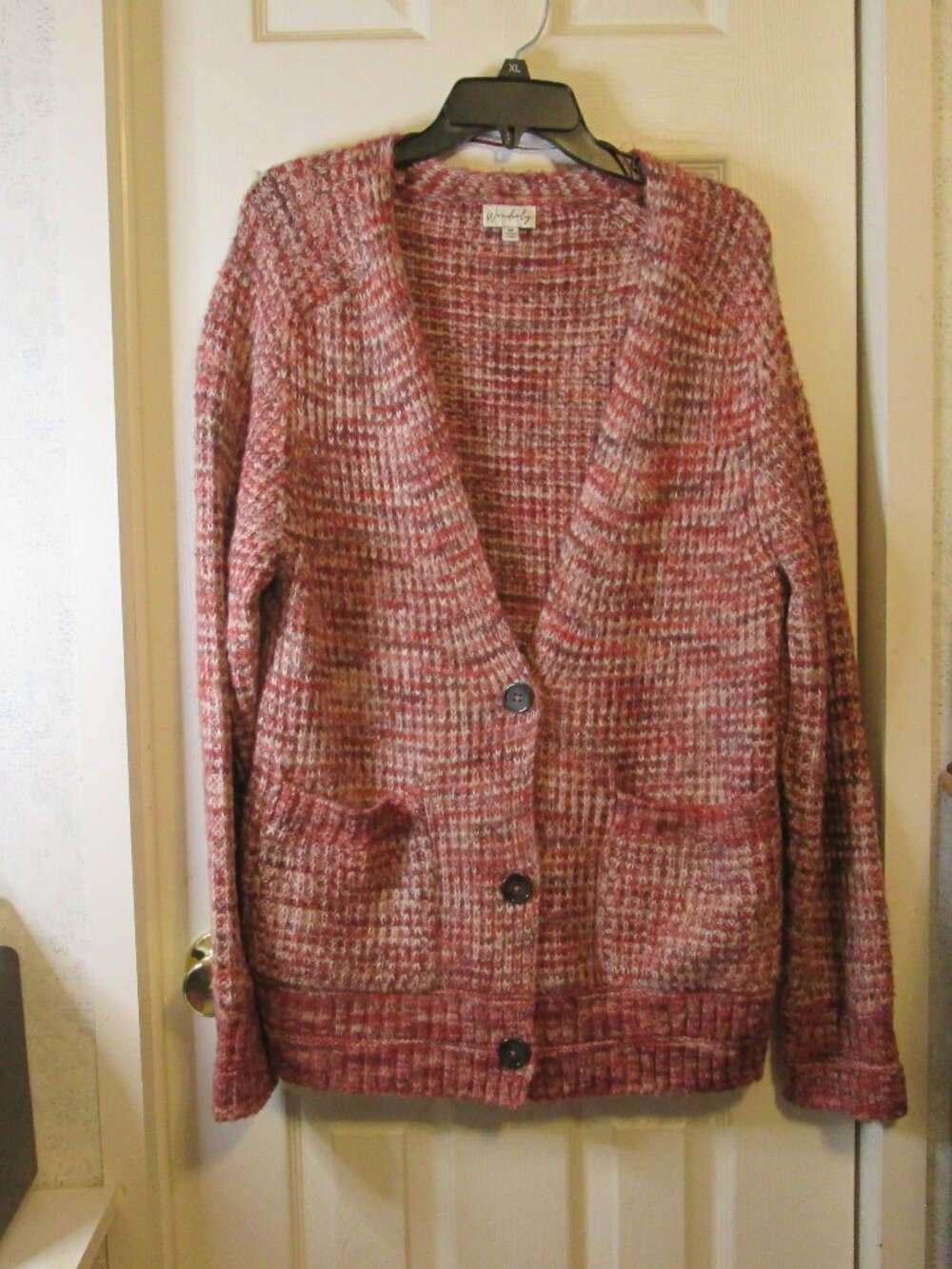 Grandma Core Women's Red & White Chunky Cardigan Sweater Size Medium